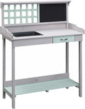 Outdoor Wooden Potting Bench Table with Removable Sink, GWork Bench with Chalkboard, Drawer, Open Shelf Storage, Light Gray