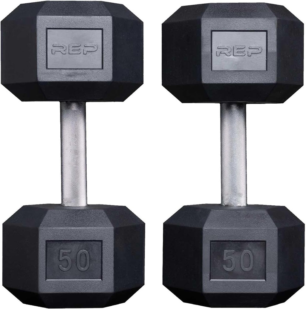 Rep Fitness Rubber Hex Dumbbell(s) - Singles (55LB +) and Pairs (5LB - 50LB) - Low Odor, Fully Knurled Handle