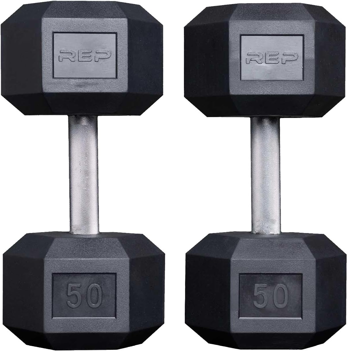 Rep Fitness Rubber Hex Dumbbell(s) - Singles (55LB +) and Pairs (5LB - 50LB) - Low Odor, Fully Knurled Handle