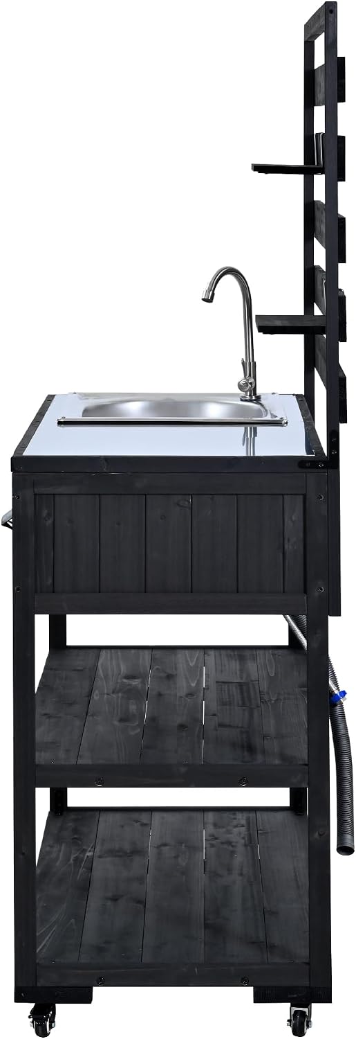 41.7'' Large Patio Rolling Kitchen Island,Solid Wood Kitchen Cart with Sink,Garden Potting Bench with Stainless Table Top,2 Movable Shelves and 1 Bottle Opener (Black-J)