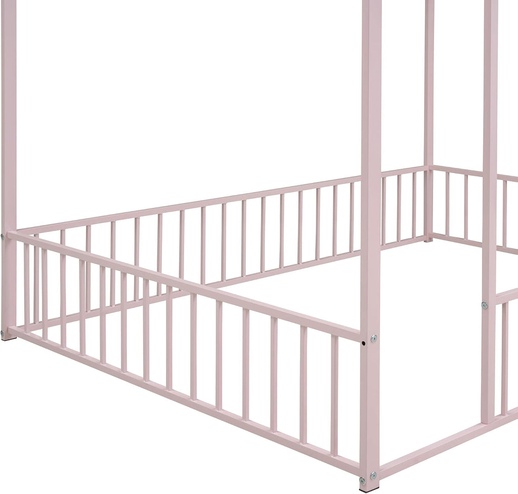 Bellemave Full Size House Floor Montessori Bedframe with Rails and roof, Metal House Bed for Kids, Montessori Floor Beds for Kids White