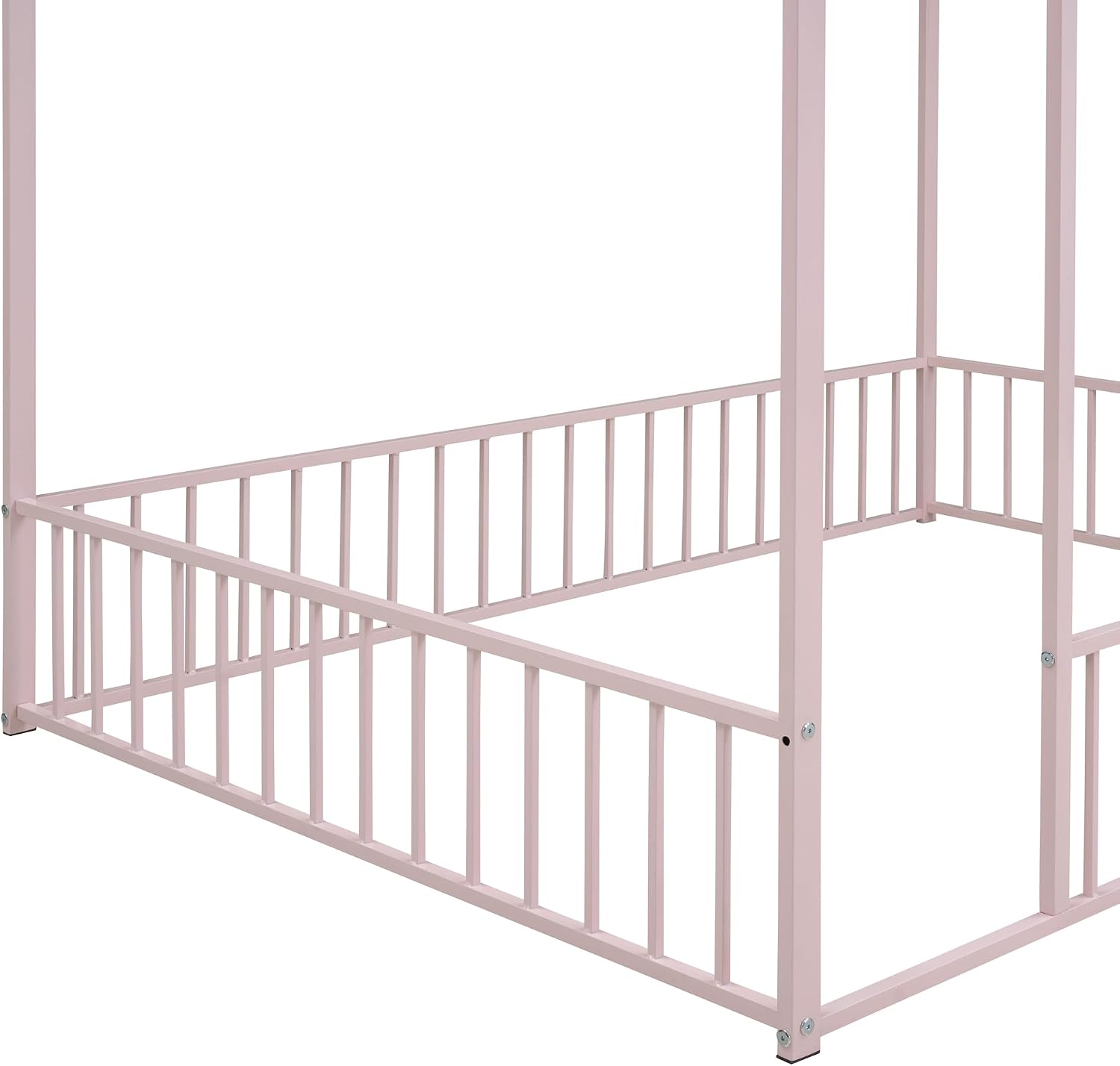 Bellemave Full Size House Floor Montessori Bedframe with Rails and roof, Metal House Bed for Kids, Montessori Floor Beds for Kids White