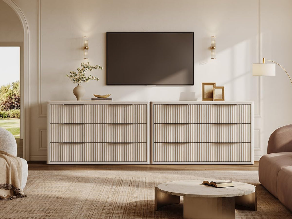 SICOTAS Dresser for Bedroom 107' Wide 6 Drawer Dressers & Chests of Drawers for Closet Long Large Modern TV Stand Set for Clothes Storage Fluted Wide Clothes Closet for Hallway Entryway, White Alder