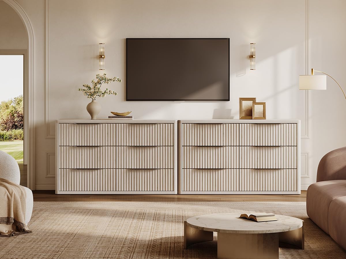 SICOTAS Dresser for Bedroom 107' Wide 6 Drawer Dressers & Chests of Drawers for Closet Long Large Modern TV Stand Set for Clothes Storage Fluted Wide Clothes Closet for Hallway Entryway, White Alder