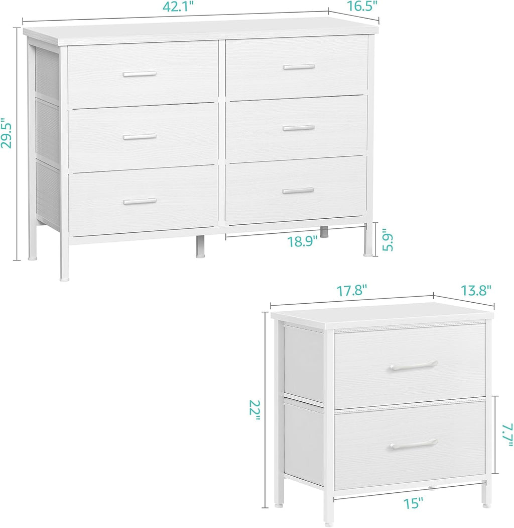 Dresser and Nightstand Set 3 Piece White Dresser with 6 Fabric Drawers for Bedroom Sets Modern