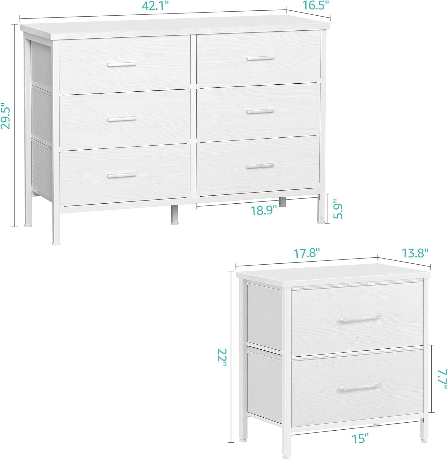 Dresser and Nightstand Set 3 Piece White Dresser with 6 Fabric Drawers for Bedroom Sets Modern