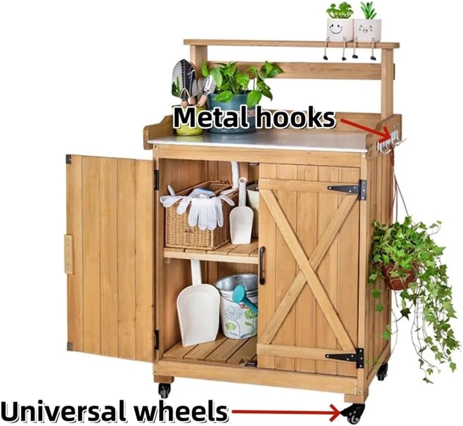 Potting Bench with Storage, Outdoor Storage Cabinet with Universal Wheels, Wooden Potting Bench Table with Metal Tabletop and Side Hooks, Outdoor Gardening Table for Terrace, Garden