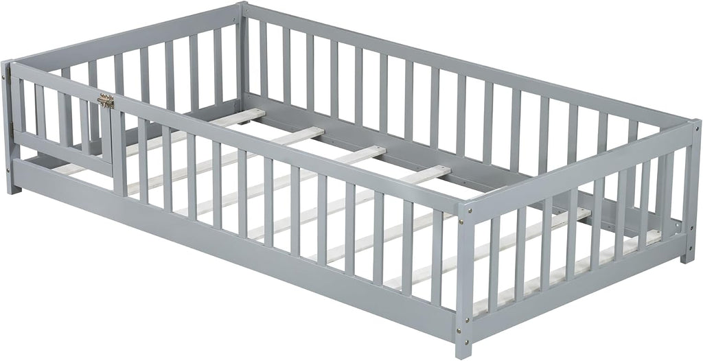 Bellemave Twin Size Floor Bed with Door and Fence for Kids, Montessori Floor Bed with Slats and Safety Guardrails,Solid Wood Twin Bed Frame for Girls Boys(Twin,Gray)