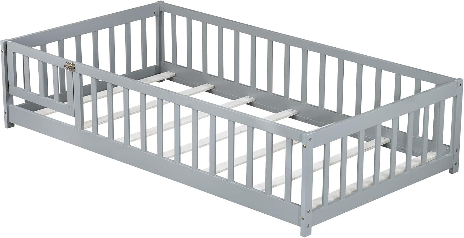 Bellemave Twin Size Floor Bed with Door and Fence for Kids, Montessori Floor Bed with Slats and Safety Guardrails,Solid Wood Twin Bed Frame for Girls Boys(Twin,Gray)