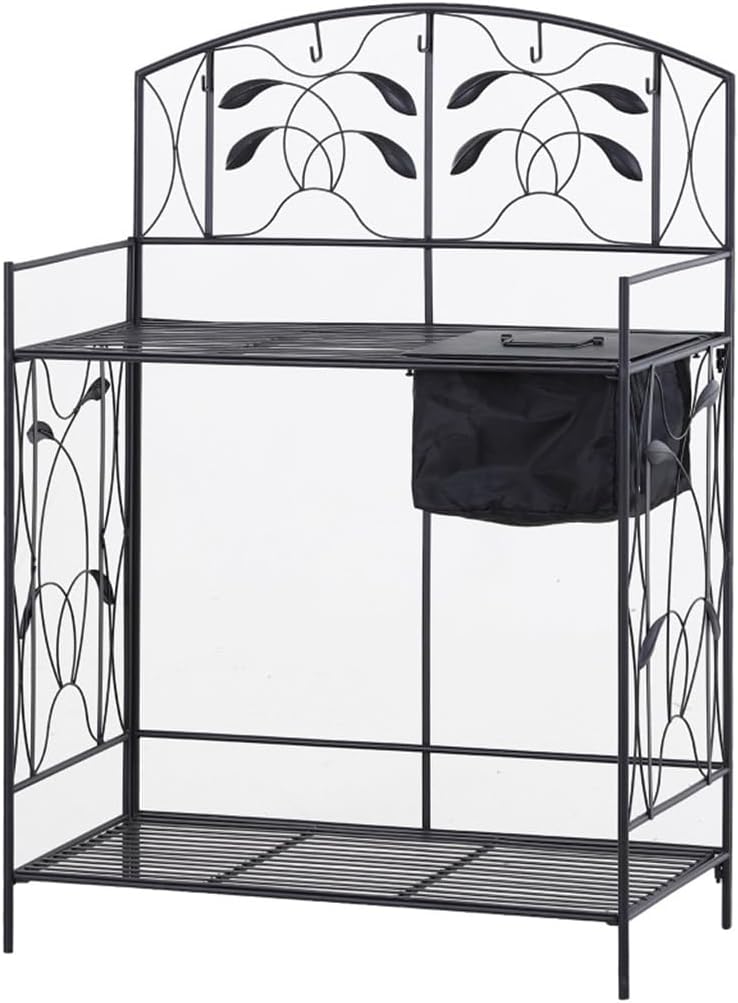 Folding Potting Bench Table, Metal Garden Workstation, Work with Large Build-in Bag with Cover， 5 Hanging Hooks