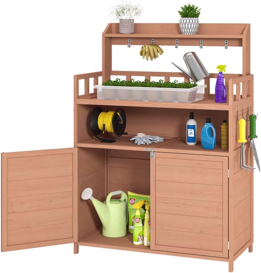 Potting Bench Outdoor Gardening Table for Outside Wood Garden Planting Workstation Work Benches with Large Storage Cabinet & Top Shelf for Patio,Brown