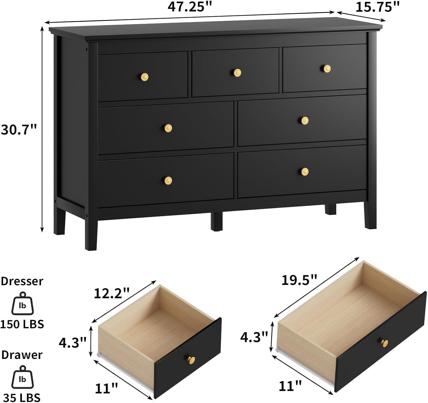 CARPETNAL 7 Drawers Dresser for Bedroom, Black Dressers & Chests of Drawers with Gold Handles and 7 Large Drawer, Modern Wooden Storage Organizer Cabinet for Hallyway, Entryway