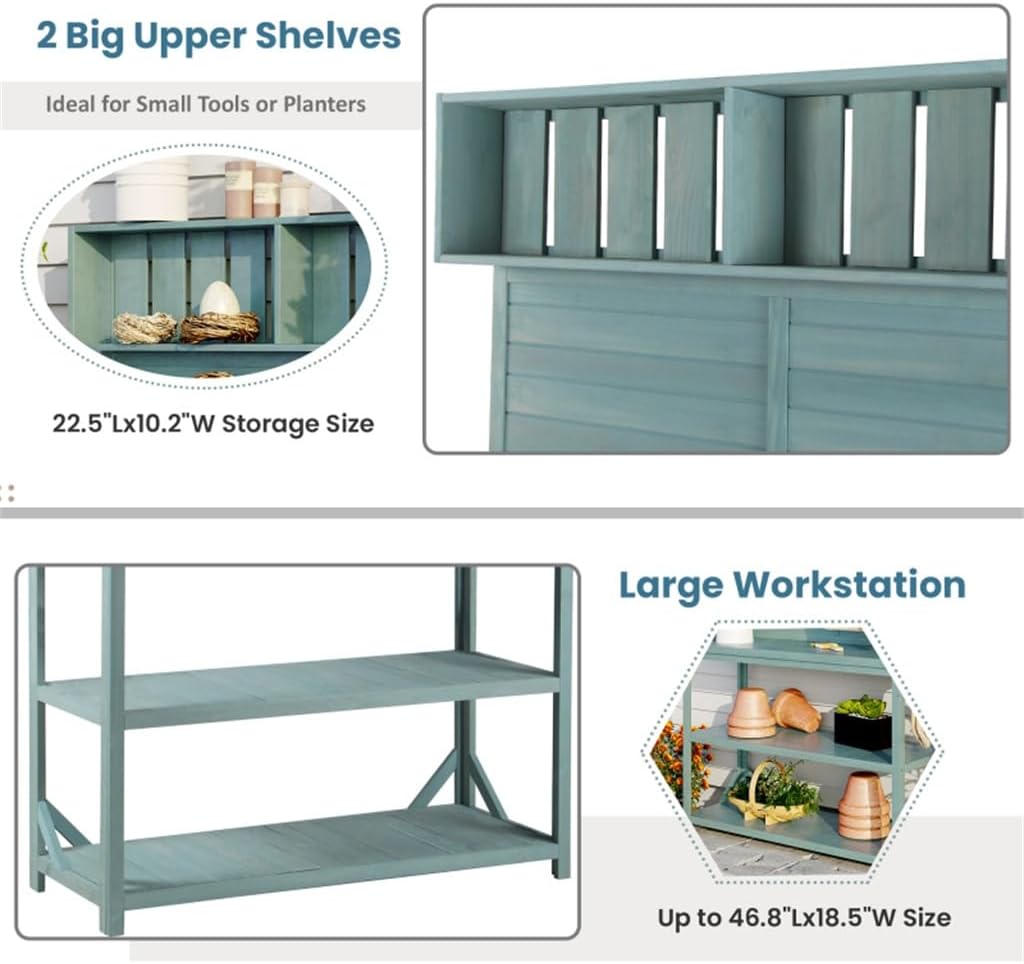 65' Large Wooden Farmhouse Rustic Outdoor Potting Bench Table, Patio Workstation, with Lockers, Tools
