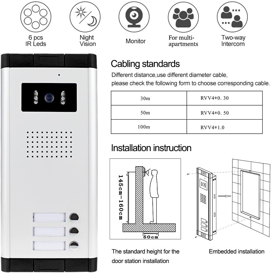 7'' Wired Color Video Door Phone Intercom System IR Night Vision Camera Doorbell +Indoor Monitor Screens for 2/3/4 Apartments