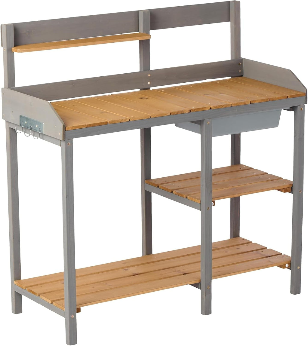 42' Outdoor Wooden Potting Bench with Storage Cabinet - 220LBS Capacity Weather-Resistant Gardening Workstation Table, Portable Plant Potting Table for Backyard Patio Greenhouse Brown