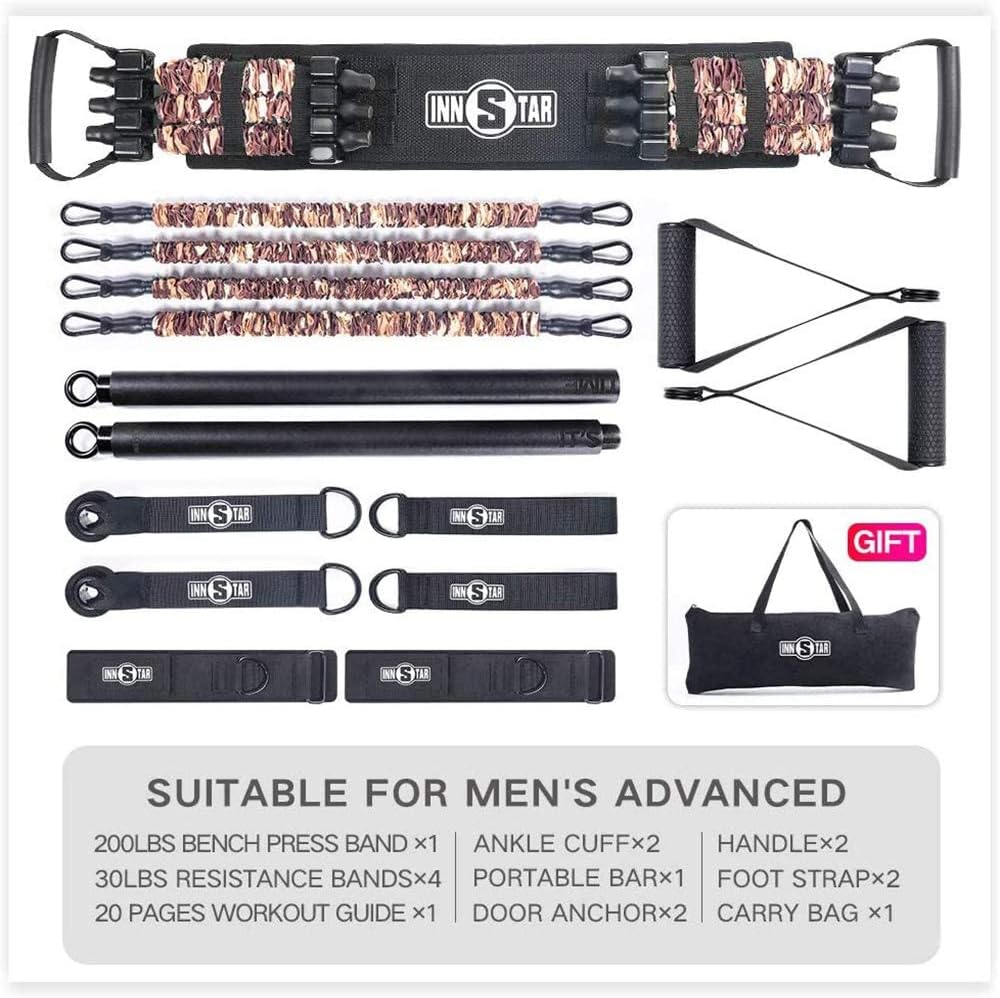 INNSTAR Portable Home Gym Set with Workout Bar, Bench Press Set, Squat Resistance Band, Door Anchor and More-Full Body Workout Equipment to Build Muscle and Shape Body