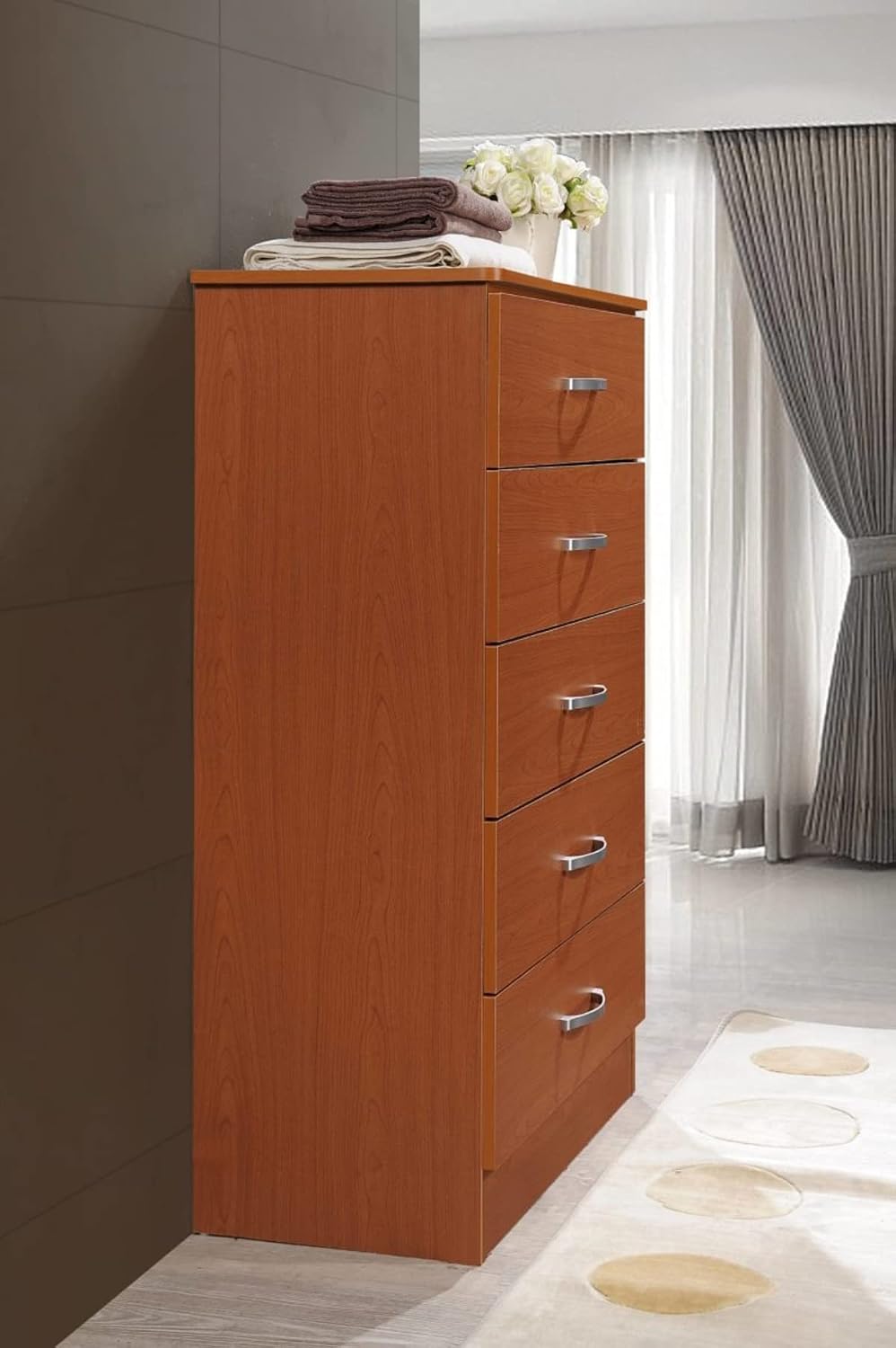HODEDAH 5 Drawer Wood Dresser for Bedroom, Chest of Drawers with Metal Rails for Support when Storing Clothing, Cherry, 47.8x31.5 inches