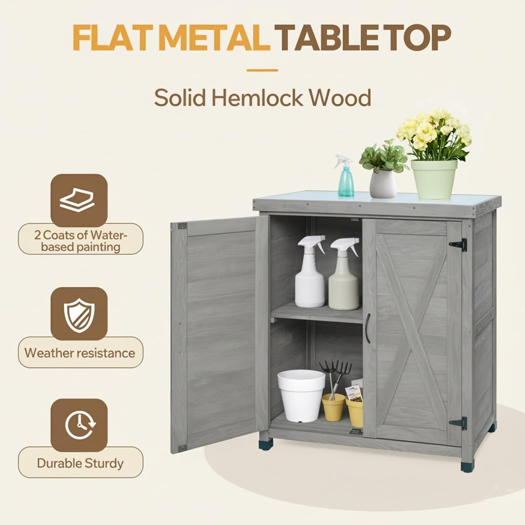 Outdoor Potting Bench–Metal Top Workstation for Patio,Garage,Garden,Gray | Galvanized Surface|Large Cabinet Organizes Tools,Pots,Soil|Wood Frame|Open Shelf|Hooks|Easy Assembly