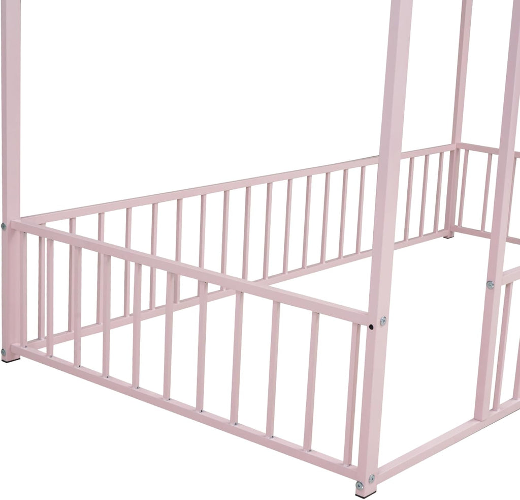 Bellemave Twin Size House Floor Montessori Bedframe with Rails and roof, Metal House Bed for Kids, Montessori Floor Beds for Kids,Pink