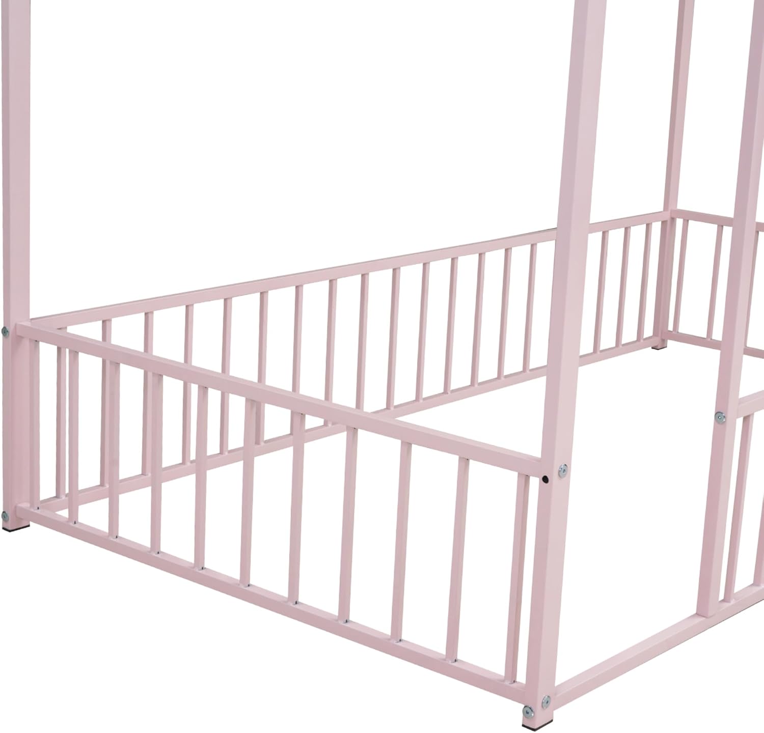 Bellemave Twin Size House Floor Montessori Bedframe with Rails and roof, Metal House Bed for Kids, Montessori Floor Beds for Kids,Pink