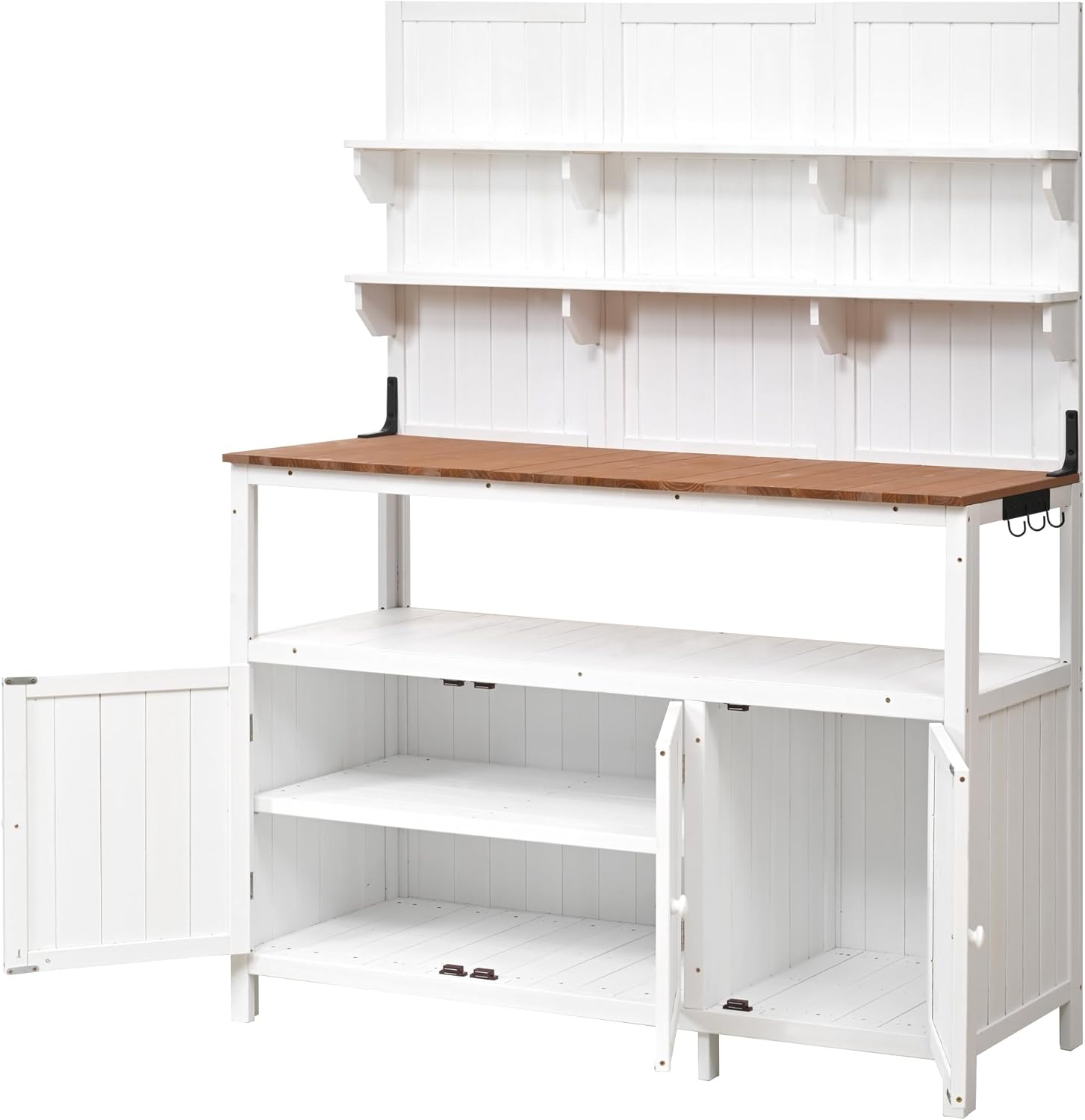 Rustic 50.2' Solid Fir Wood Patio Potting Bench with Hutch,Garden Workstation with Large Countertop,2 Shelves,2 Cabinets,3 Side Hooks,Planting Table for Backyard (White#H)