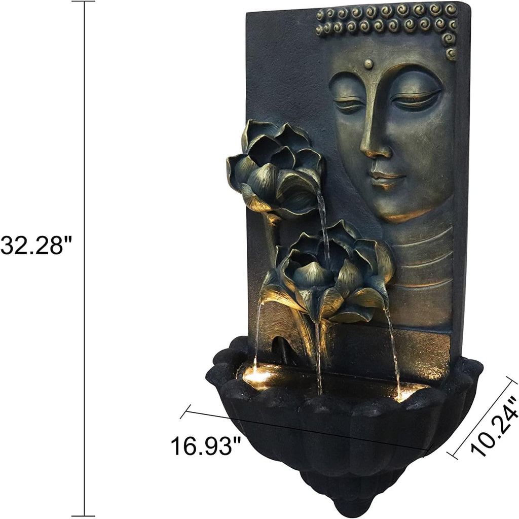 Cheng Pin Cascading Lotus Buddha Statue Zen Water Fountain with LED Lights & Pump Best for Wall Decor, Flowing Water Create Relaxing Atmosphere for Home, Patio,Garden, Backyard,32.3'' Tall