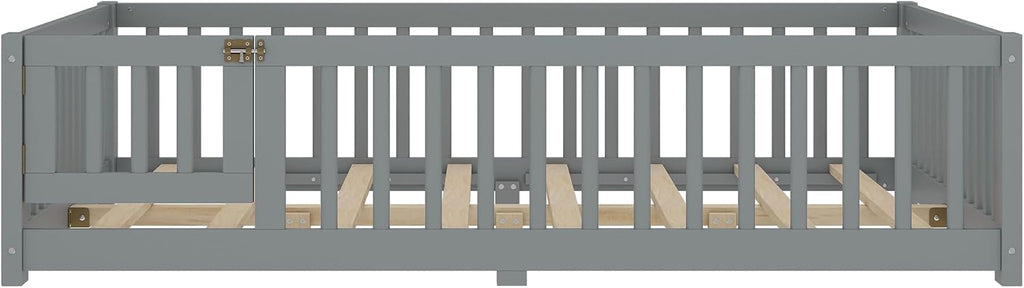 Full Size Floor Bed with Door and Fence for Kids, Montessori Floor Bed with Slats and Safety Guardrails,Solid Wood Floor Bed Frame Full Size for Girls Boys(Full,Gray)