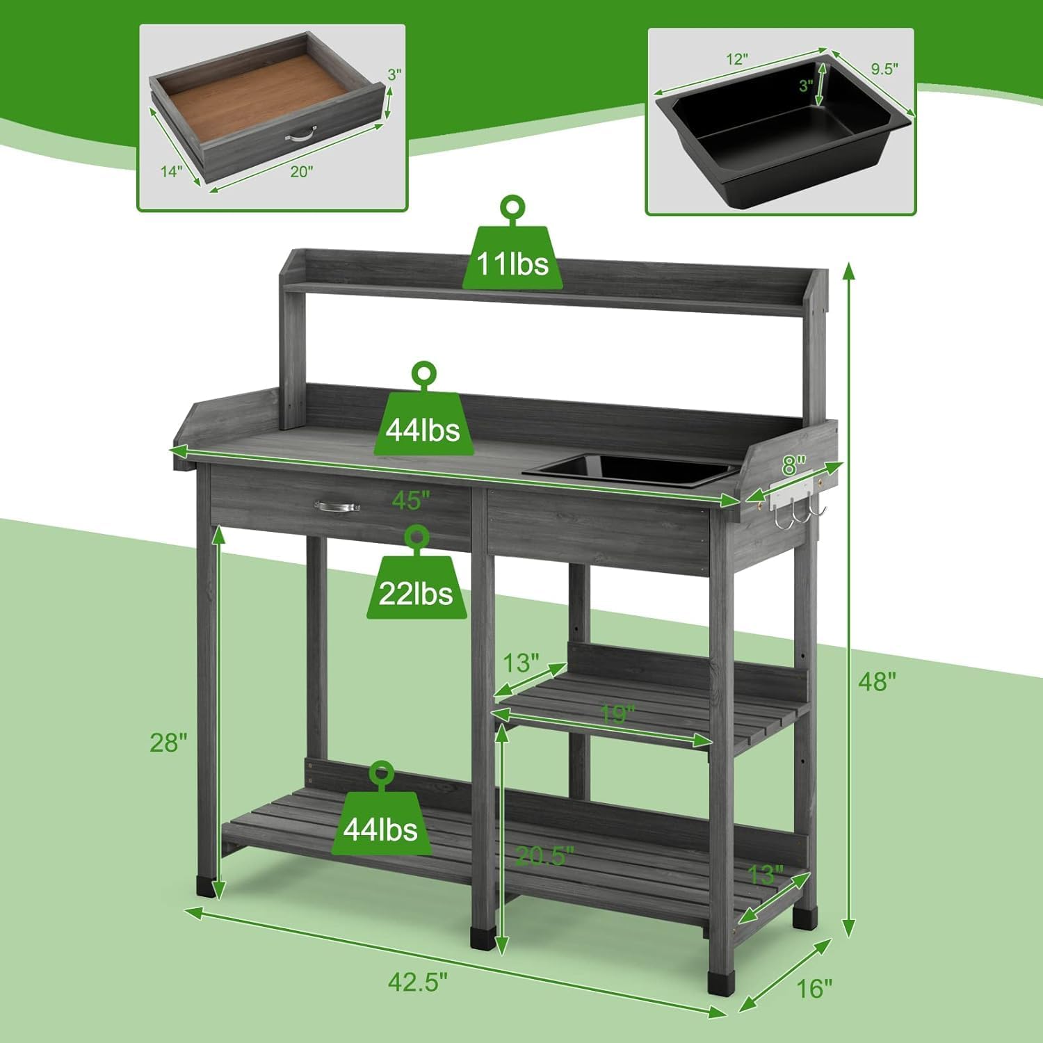 Potting Bench Table Patio Outdoor Garden Work Station Planting Shelf Sink Drawer Solid Wood Construction, Deck, Balcony