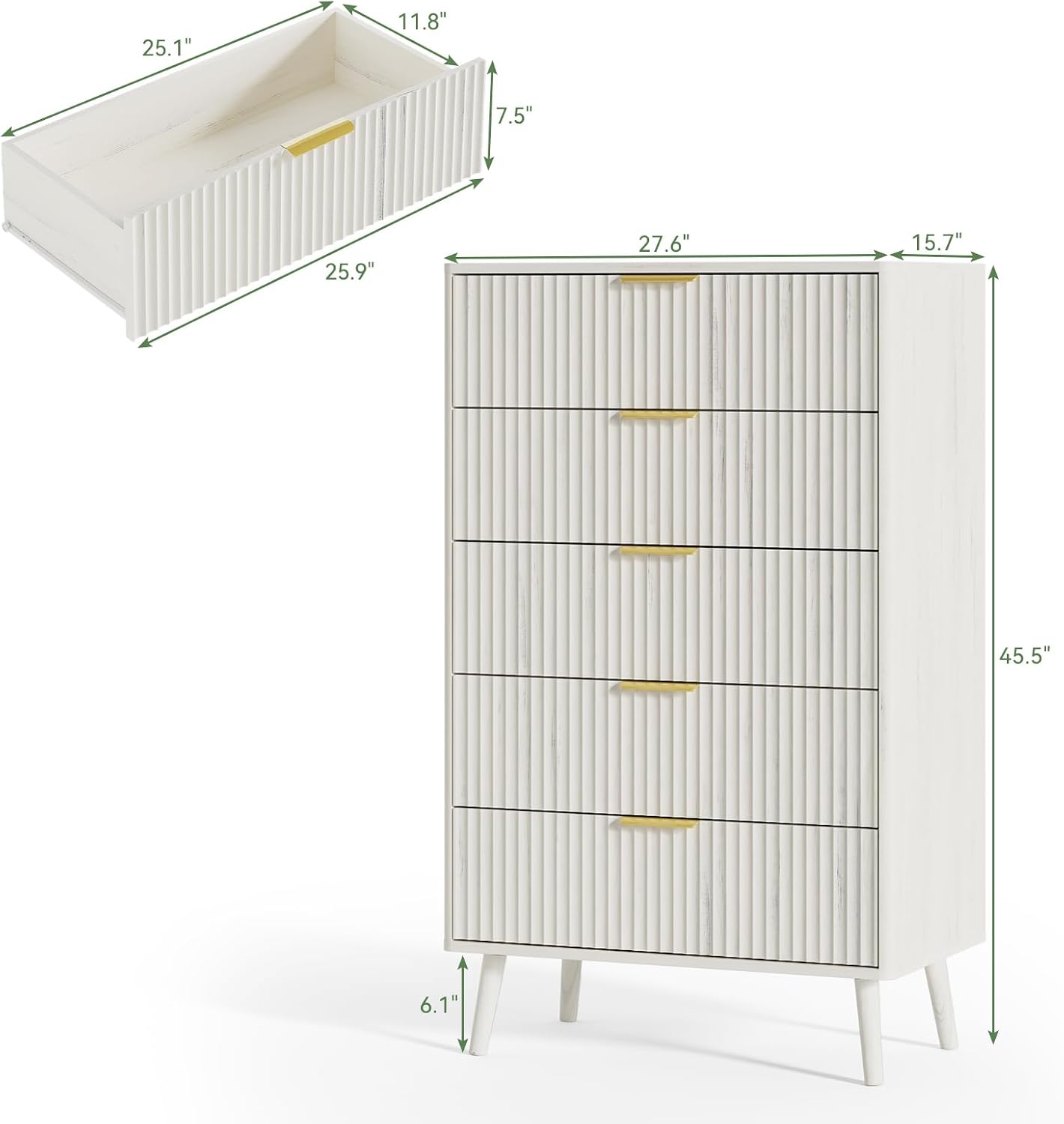 LYNSOM Fluted 5 Drawers Dresser, 45' Tall Modern Chest of Drawers with Curved Profile Design and Metal Handle, Wood Drawer Organizer for Bedroom, Living Room, Hallway, Entryway, White