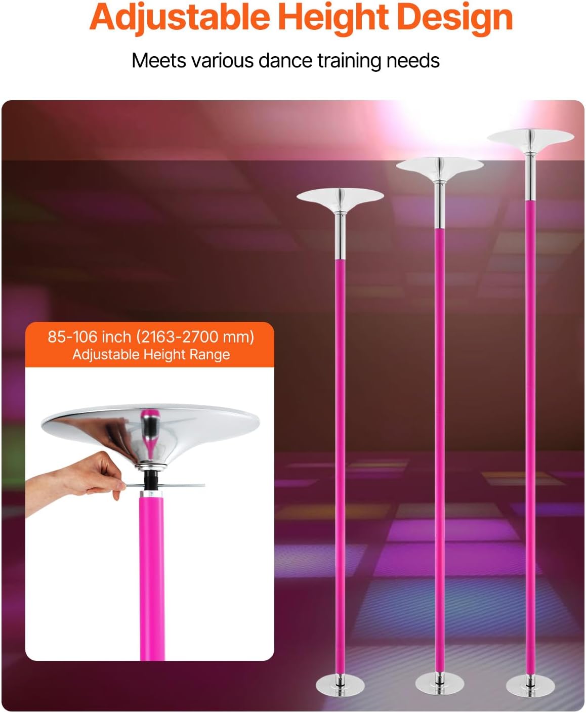 VEVOR Professional Dancing Pole, Spinning Static Dancing Pole Kit, Portable Removable Pole, 45mm Heavy-Duty Stainless Steel Pole, Height Adjustable Fitness Pole, for Exercise Home Club Gym, Silver
