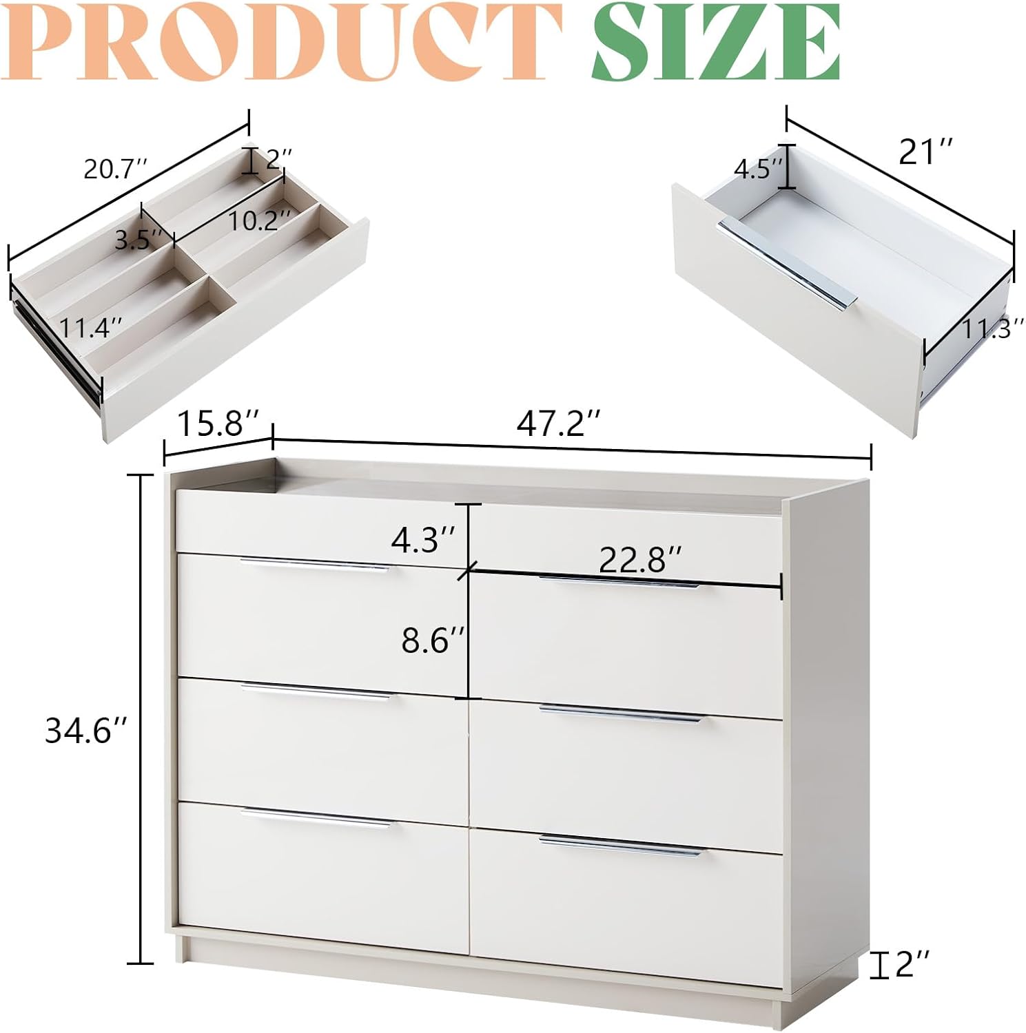 AMERLIFE 47.2' 8 Drawer Dresser with LED Light, Modern High Gloss Chest of Drawers with Glass Tabletop & 2 Six-Grid Jewelry Drawers, for Bedroom, Living Room, Dressing Room, Cream & Grey