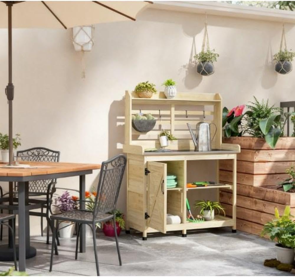 Premium Wooden Potting Bench with Built-in Sink, Adjustable Shelf, Tool Hooks, and Ample Storage for Gardeners (Natural Wood + Wood)
