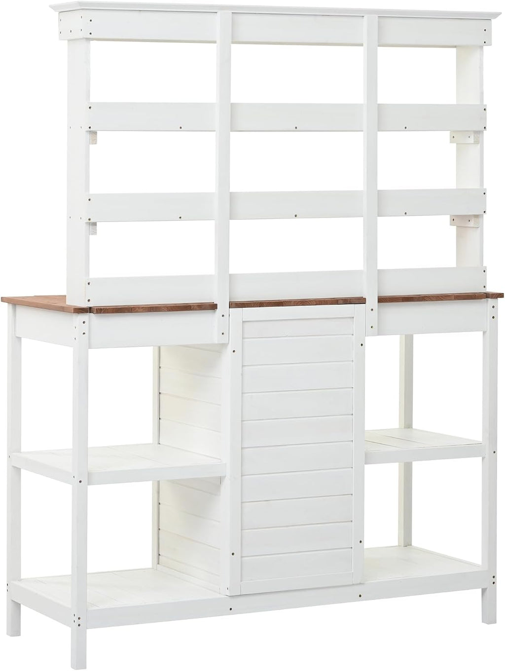 66' Wooden Potting Bench Table with Drawers, Cabinet & Open Shelves, Farmhouse Outdoor Garden Workstation for Backyard Patio or Mudroom, Solid Fir Wood Gardening Table,White