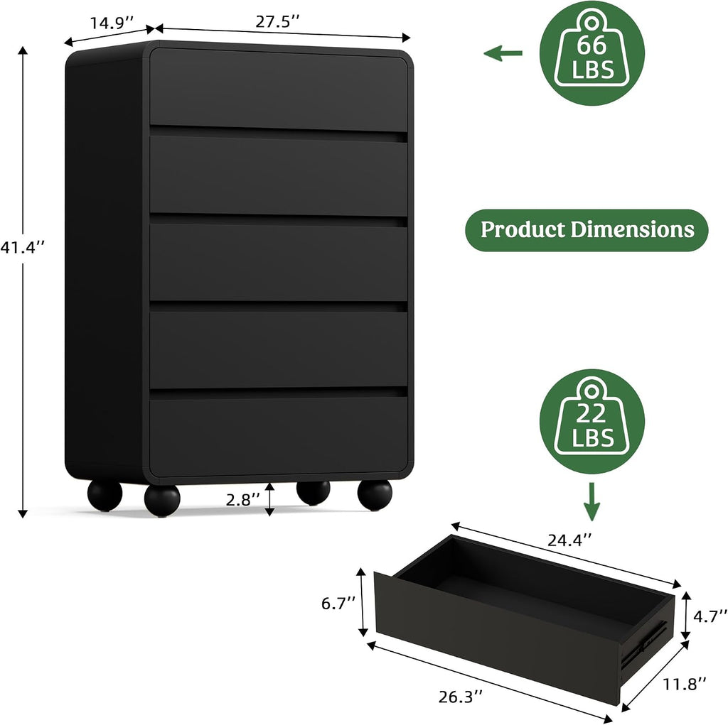 Lulive Wood Dresser for Bedroom, 41' Tall Chest of Drawers with 5 Drawers, Modern Closet Storage Drawer with Curved Profile Design for Living Room, Hallway, Entryway, Black