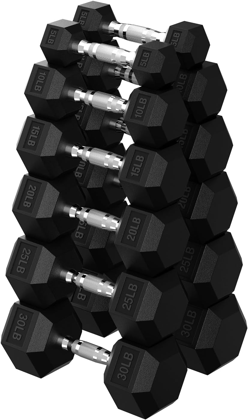 HANDBODE Hex Dumbbell 45-640 lb Set, Rubber Encased Exercise & Fitness Dumbbells for Home Gym, Hand Weights for Strength Training