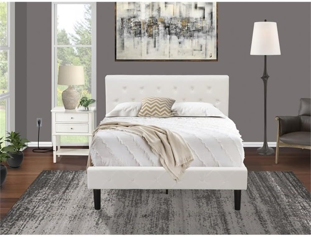 East West Furniture NL19F-1VL0C 2 Piece Bedroom Set - Full Size Button Tufted Bed - Linen white Velvet Fabric Upholstered Headboard and a Wire Brushed Butter Cream Finish Nightstand