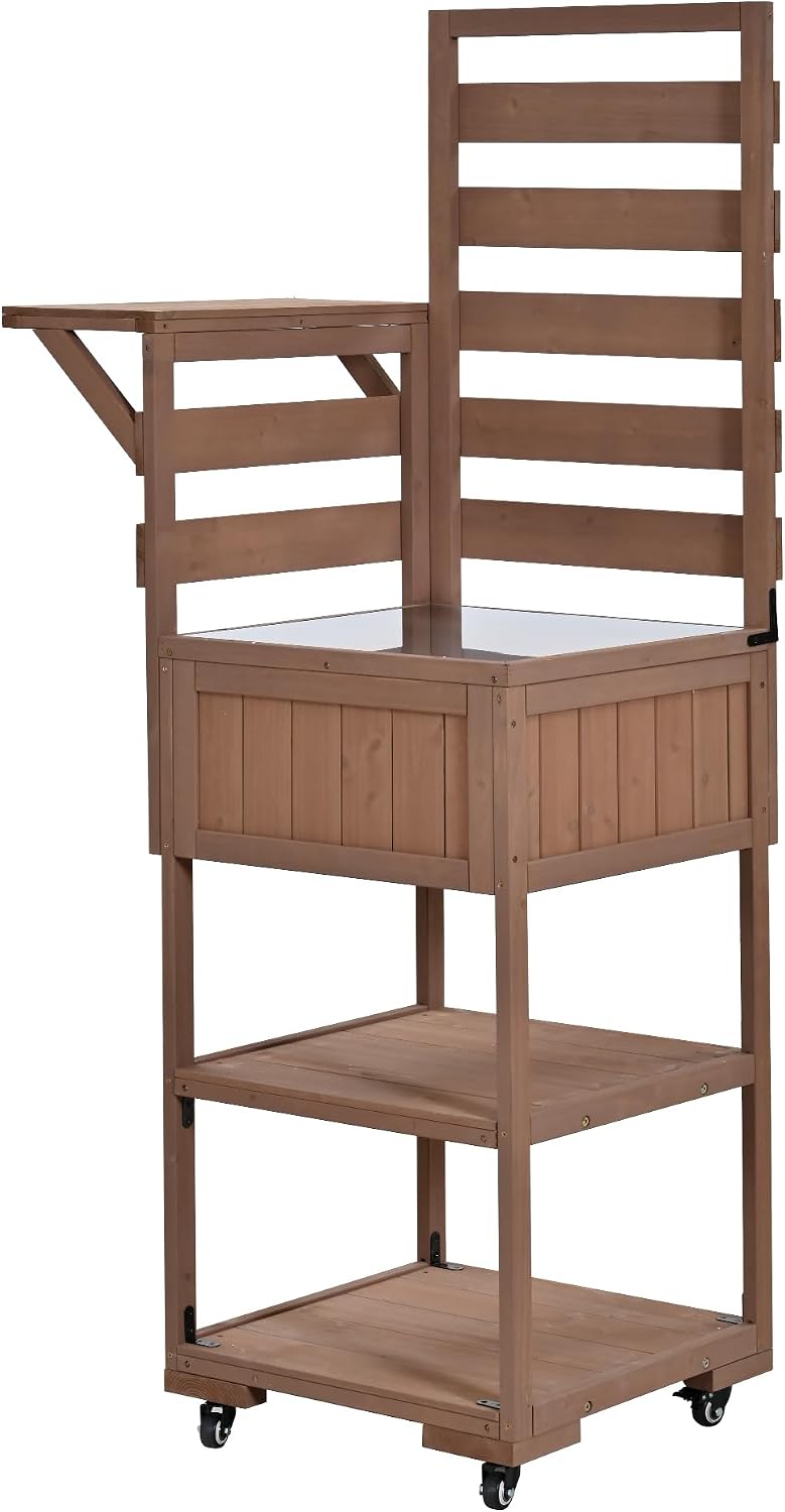 62.3'' Patio Kitchen Island Cart with Stainless Table Top,Solid Wood Garden Potting Bench with Raised Shelf and Drawers, Grill Prep Table for BBQ, Party (Brown-E)