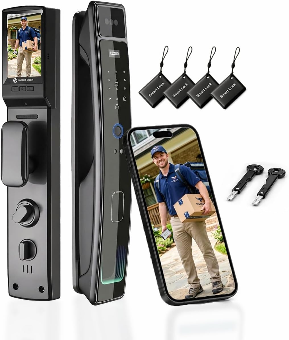 Smart Door Lock with Camera & 3D Face Recognition, Keyless Entry Door Lock with Fingerprint, Password, IC Card, App Control & Doorbell, Secure Mortise Lock for Front Door (Usmart App)