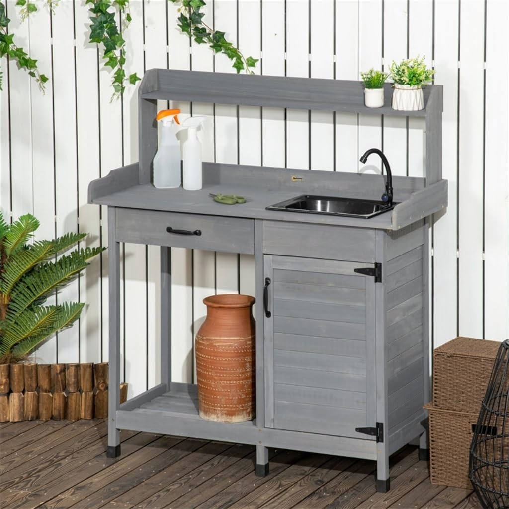 Potting Bench Table with Faucet, Sink, Hooks and Storage Cabinet, Outdoor Prep Gardening