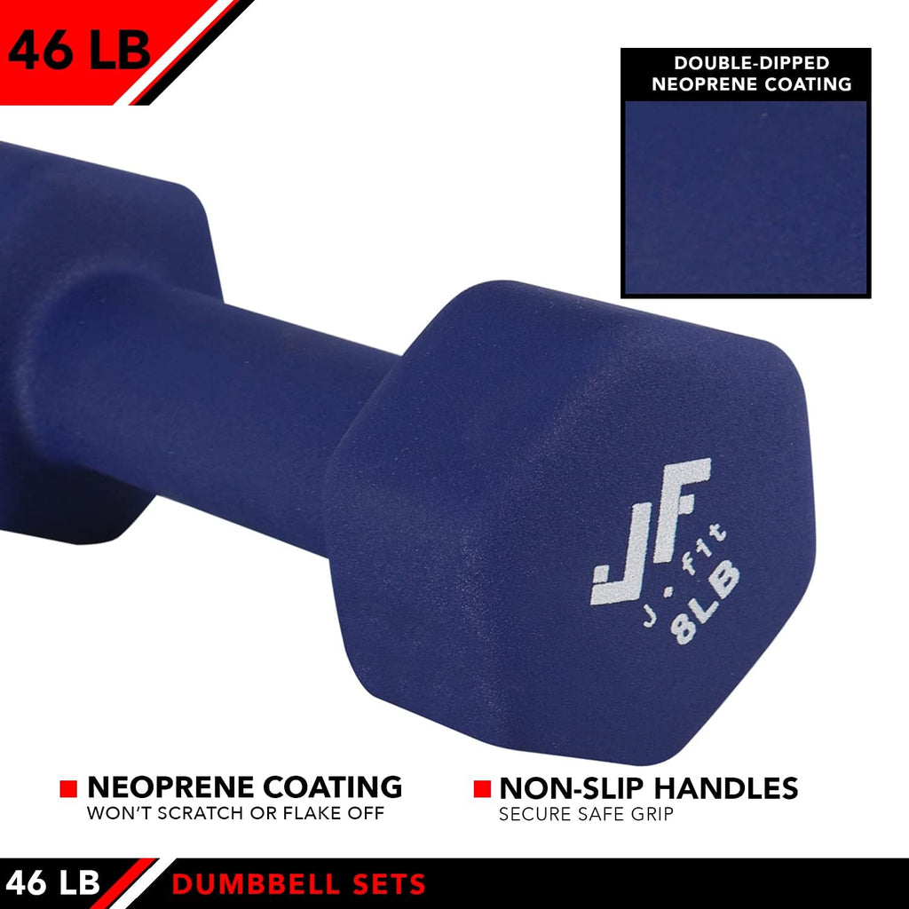 JFIT Dumbbell Pairs or Sets – Neoprene & Vinyl Coated Hand Weights for Home Gym, Strength Training, Aerobics, Cardio Exercise and Fitness
