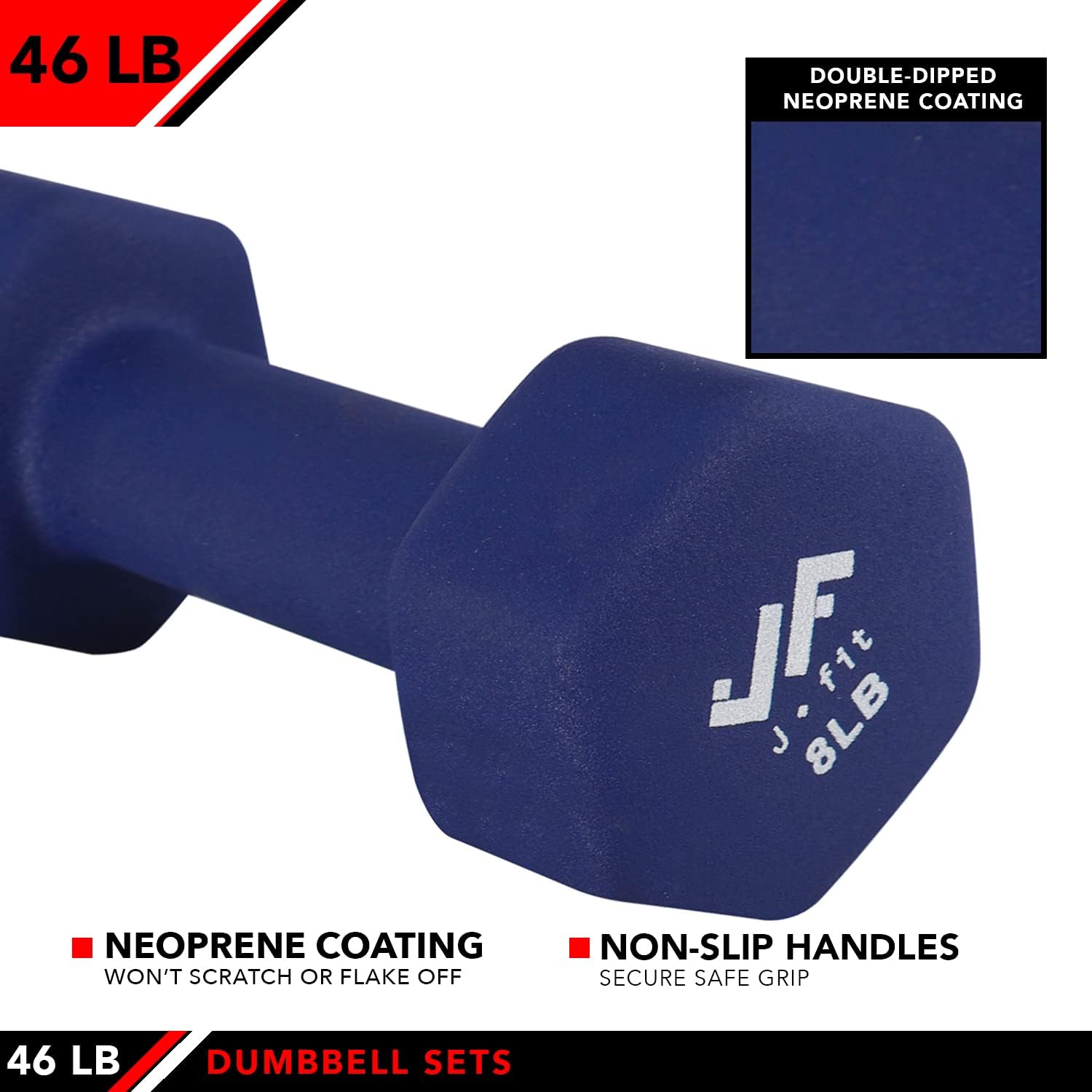 JFIT Dumbbell Pairs or Sets – Neoprene & Vinyl Coated Hand Weights for Home Gym, Strength Training, Aerobics, Cardio Exercise and Fitness