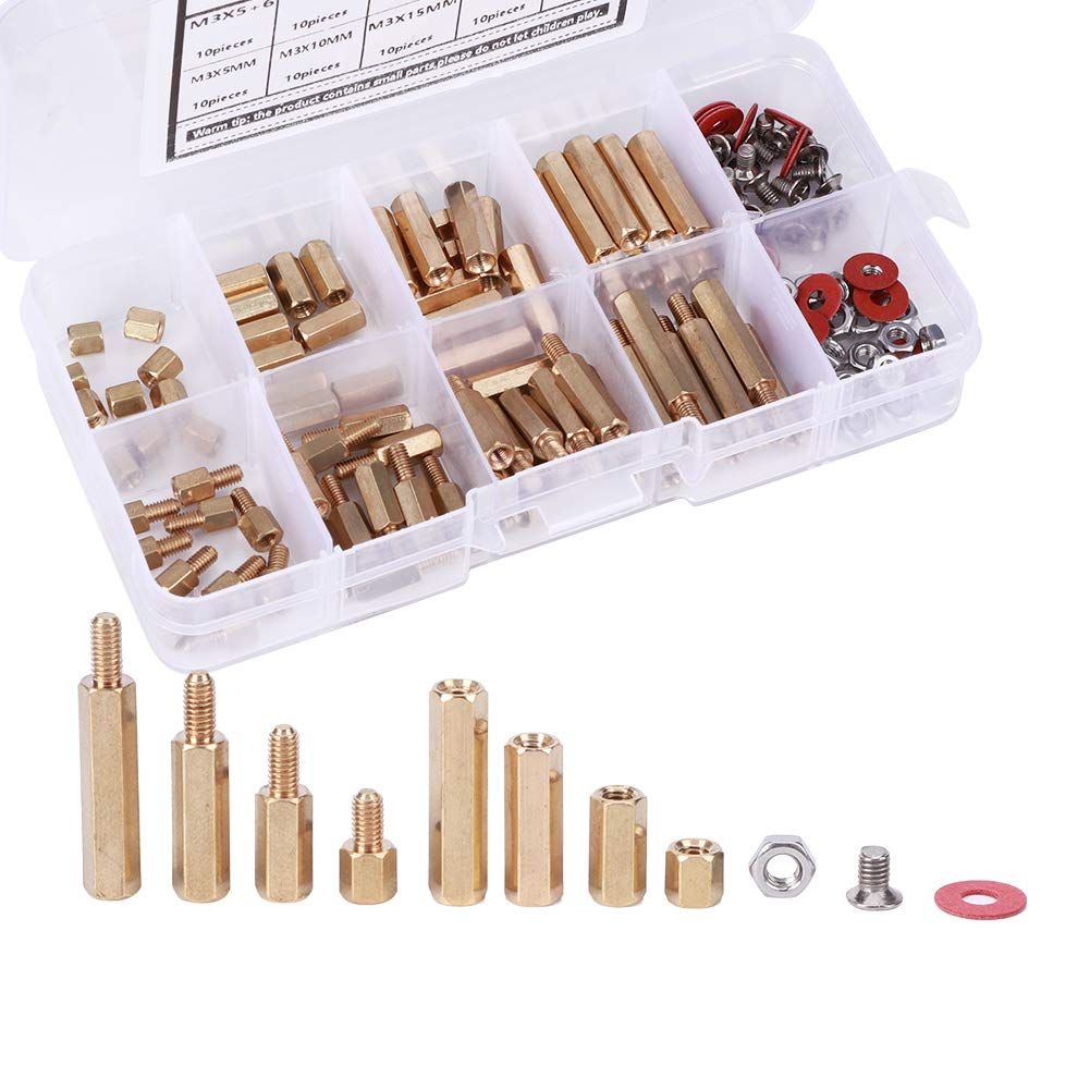 M3 Brass Standoffs Screws Washers Nut Assortment Kit Durable Hex Spacer Set for Circuit Board Assembly and Computer Connectors Hardware Accessories 140PCS