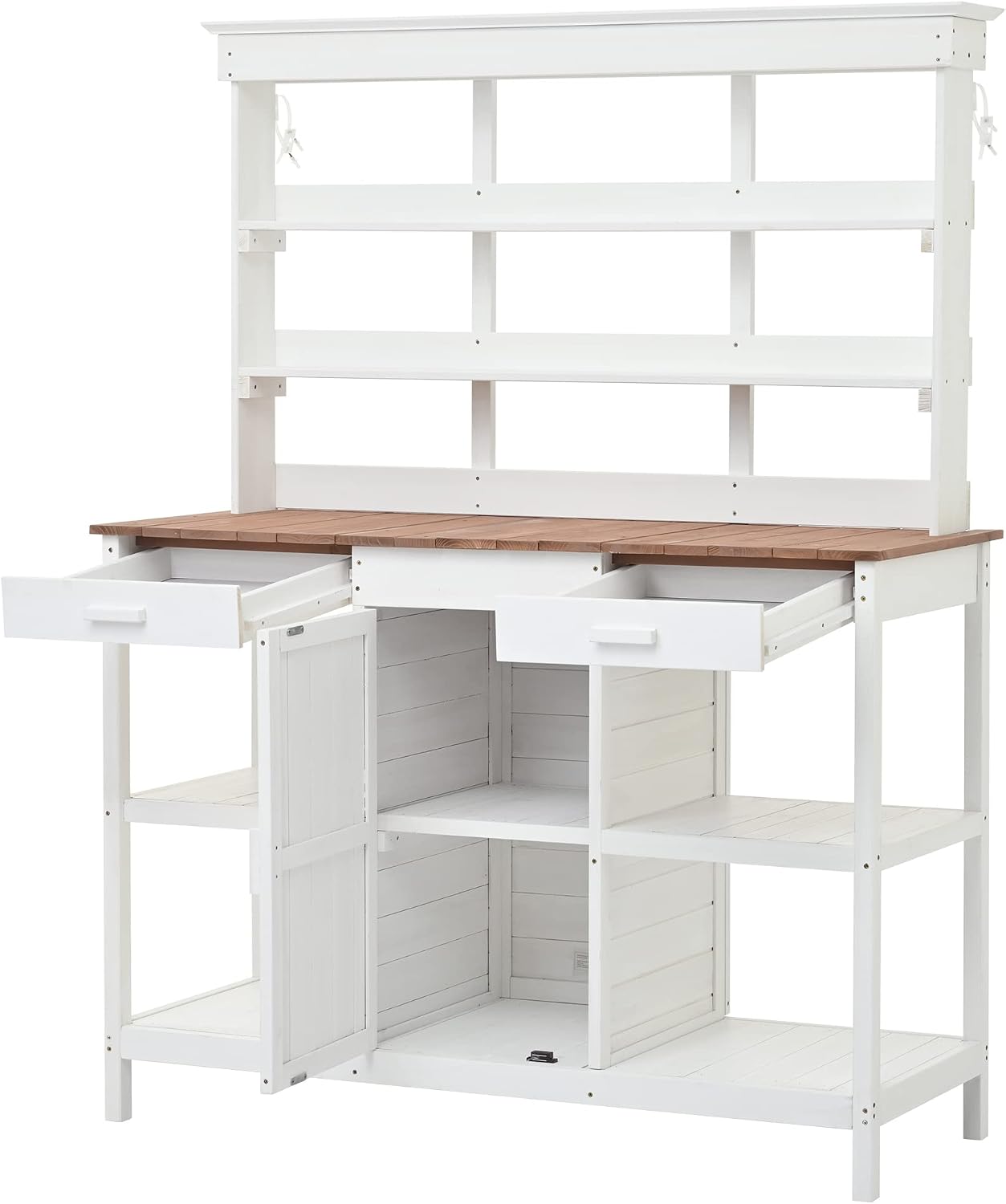 Outdoor Garden Potting Bench Table, 66' Large Farmhouse Wooden Garden Potting Table with 2 Drawers, Cabinet and 4-Tier Open Shelves, Garden Workstation Backyard Mudroom (White Frame+Brown top)