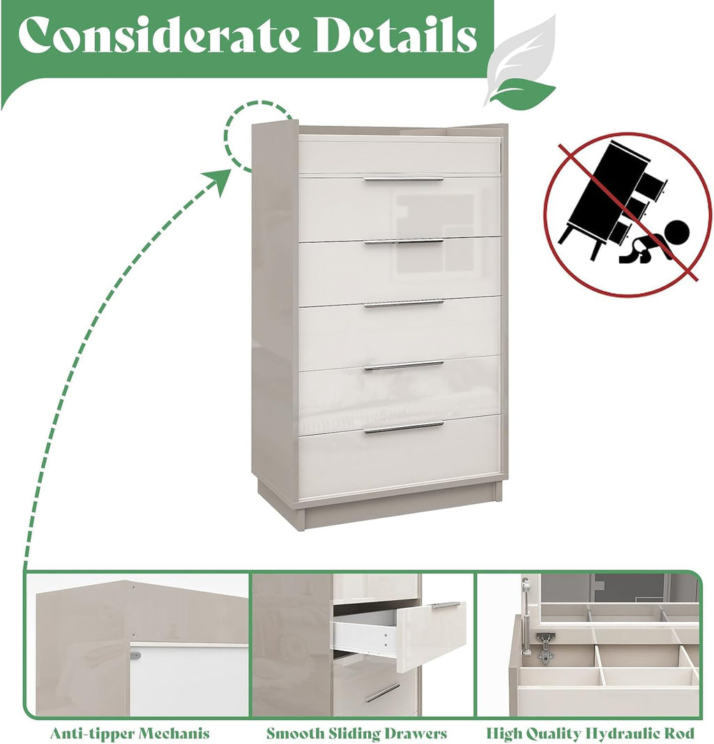 AMERLIFE 5-Drawer Chest with Glass Tabletop, Storage Dresser Organizer with Inside Mirror & Lift Top Dresser for Bedroom, Cream&Grey