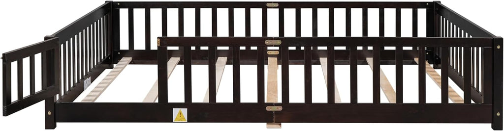 Queen Size Floor Bed with Door and Fence for Kids, Montessori Floor Bed with Slats and Safety Guardrails,Solid Wood Queen Bed Frame for Girls Boys(Queen,Espresso)