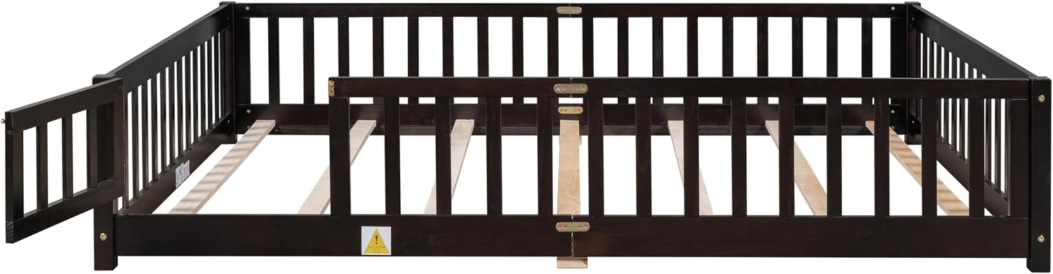 Queen Size Floor Bed with Door and Fence for Kids, Montessori Floor Bed with Slats and Safety Guardrails,Solid Wood Queen Bed Frame for Girls Boys(Queen,Espresso)