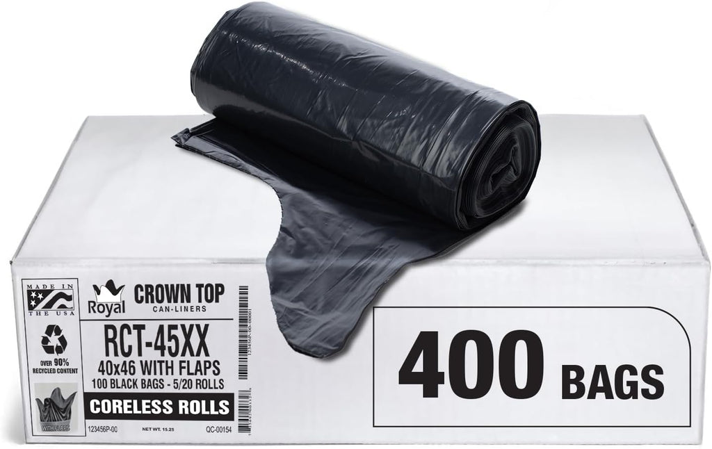 Aluf Plastics RCT-45XX Star Sealed Coreless Rolls with E-Z Tie Flap Closure, 45 gal, Polyethylene, 40' x 46', Black (Pack of 400)