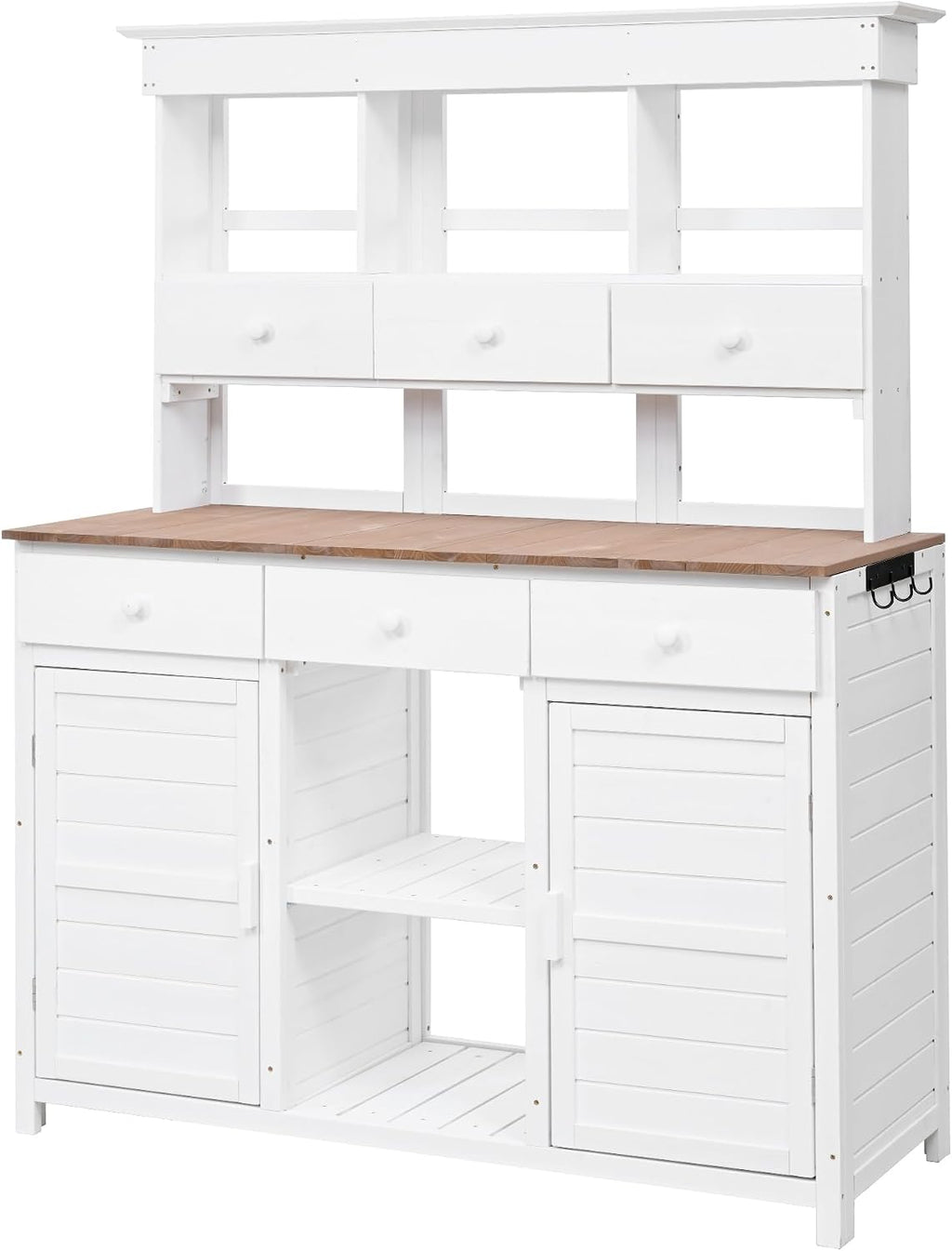 Outdoor Garden Workstation with Storage Shelves and Cabinets, Potting Bench Table with Hutch and Drawers & Side Hooks for for Garden, Patio, Greenhouse, White