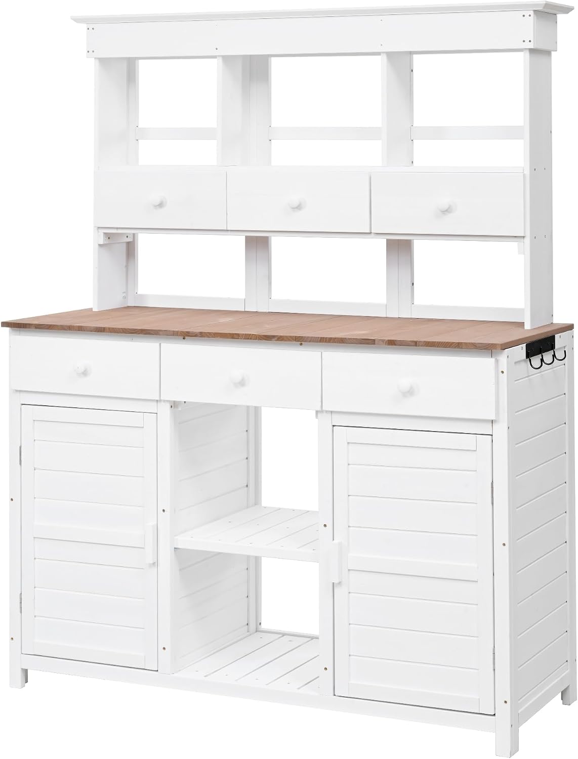 Outdoor Garden Workstation with Storage Shelves and Cabinets, Potting Bench Table with Hutch and Drawers & Side Hooks for for Garden, Patio, Greenhouse, White