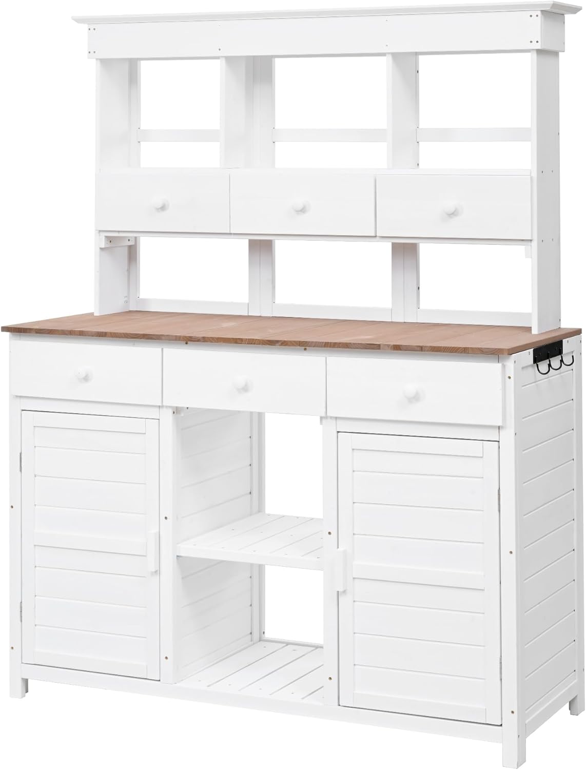 Roomfitters 65.7' Tall Garden Potting Bench Table with Hutch, 3 Shelves, 6 Drawers, 2 Cabinets and Side Hooks, White